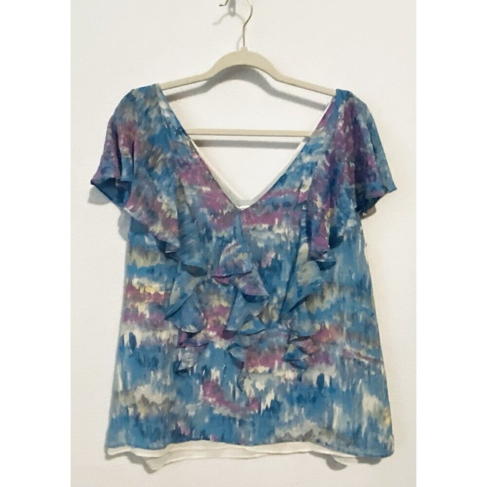 Banana Republic Top Womens XL Bright Watercolor Ruffle Silk Flowy Boho Fairy Y2K